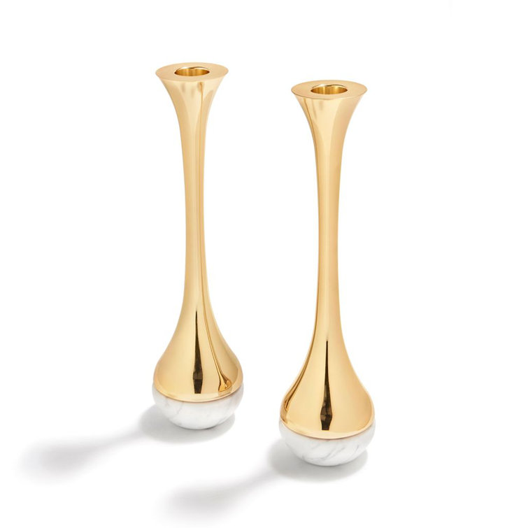 Carrara Marble and Brass Dual Taper Candlesticks Set