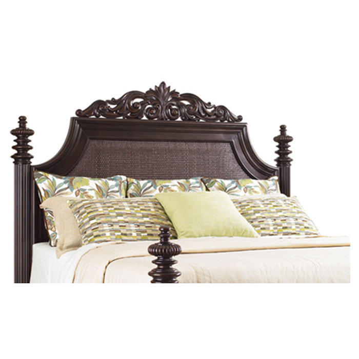 Regal Queen Tufted Leather Headboard with Carved Wood Accents