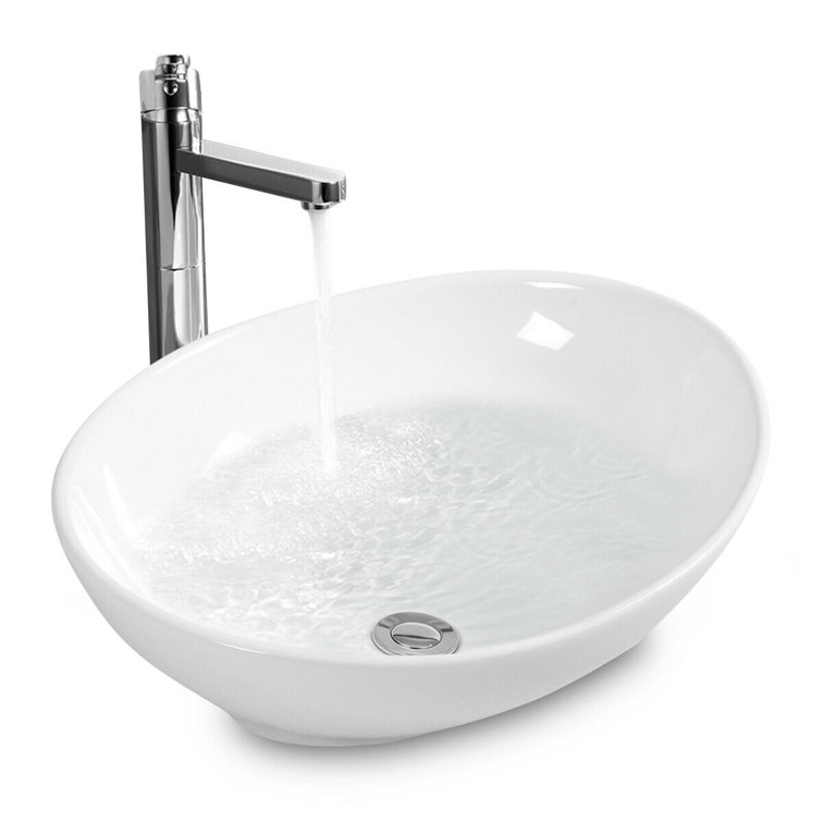 White Ceramic Oval Countertop Bathroom Sink with Pop-Up Drain
