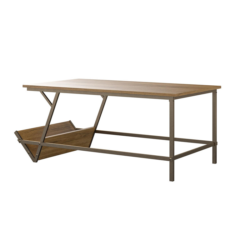 Regal Light Walnut Woodgrain Coffee Table with Bronze Metal Frame