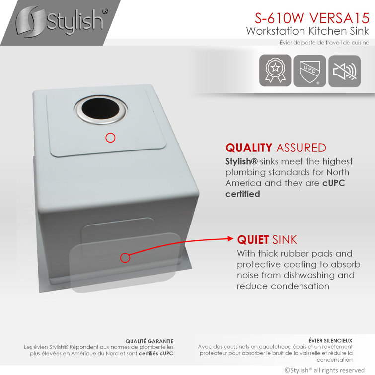 Versa STYLISH 15 inch Workstation Single Bowl Undermount 16G Kitchen Sink with Built in Accessories