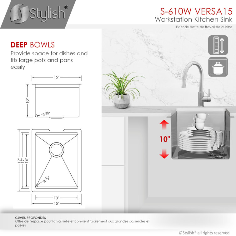 Versa STYLISH 15 inch Workstation Single Bowl Undermount 16G Kitchen Sink with Built in Accessories