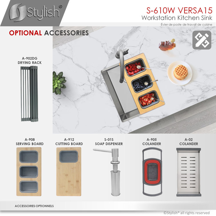 Versa STYLISH 15 inch Workstation Single Bowl Undermount 16G Kitchen Sink with Built in Accessories