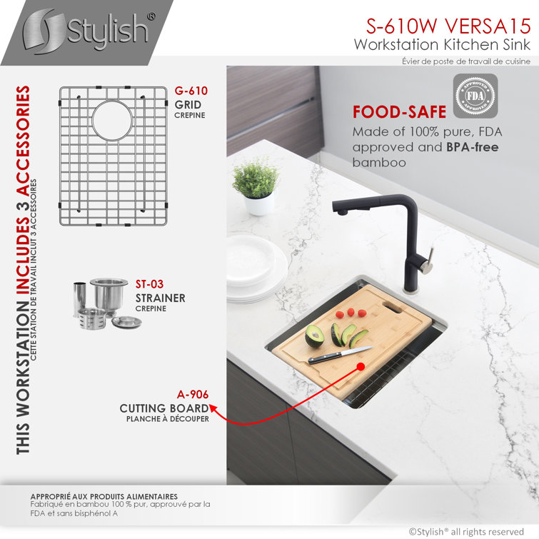Versa STYLISH 15 inch Workstation Single Bowl Undermount 16G Kitchen Sink with Built in Accessories