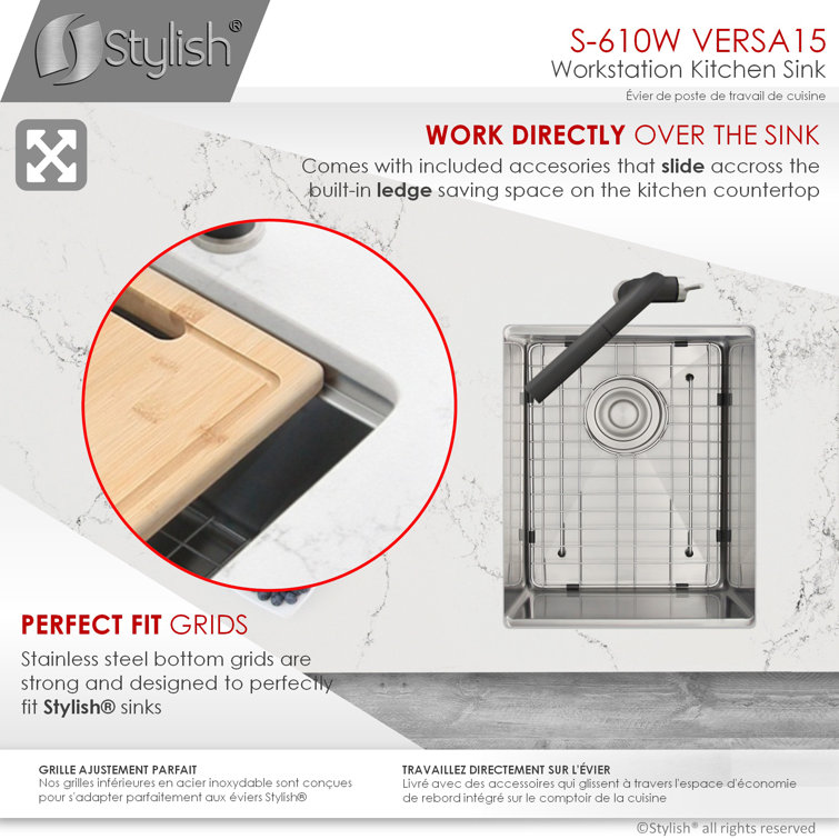 Versa STYLISH 15 inch Workstation Single Bowl Undermount 16G Kitchen Sink with Built in Accessories