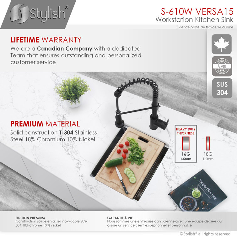 Versa STYLISH 15 inch Workstation Single Bowl Undermount 16G Kitchen Sink with Built in Accessories