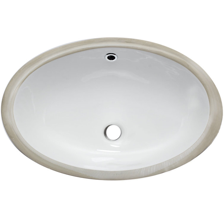 Oval Undermount White and Beige Porcelain Bathroom Sink with Chrome Drain
