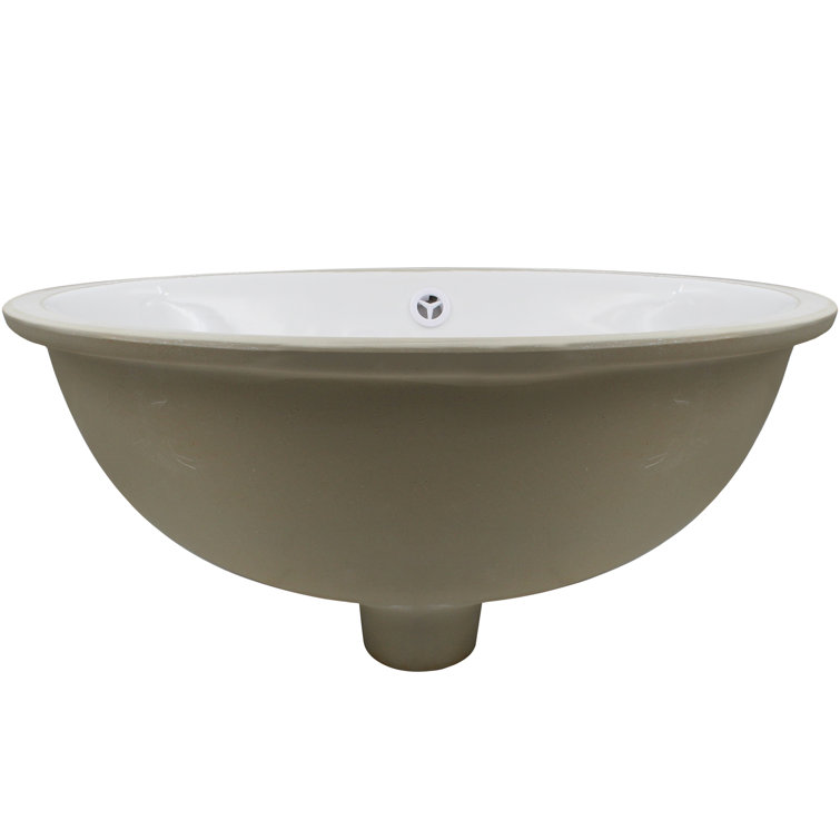 Oval Undermount White and Beige Porcelain Bathroom Sink with Chrome Drain