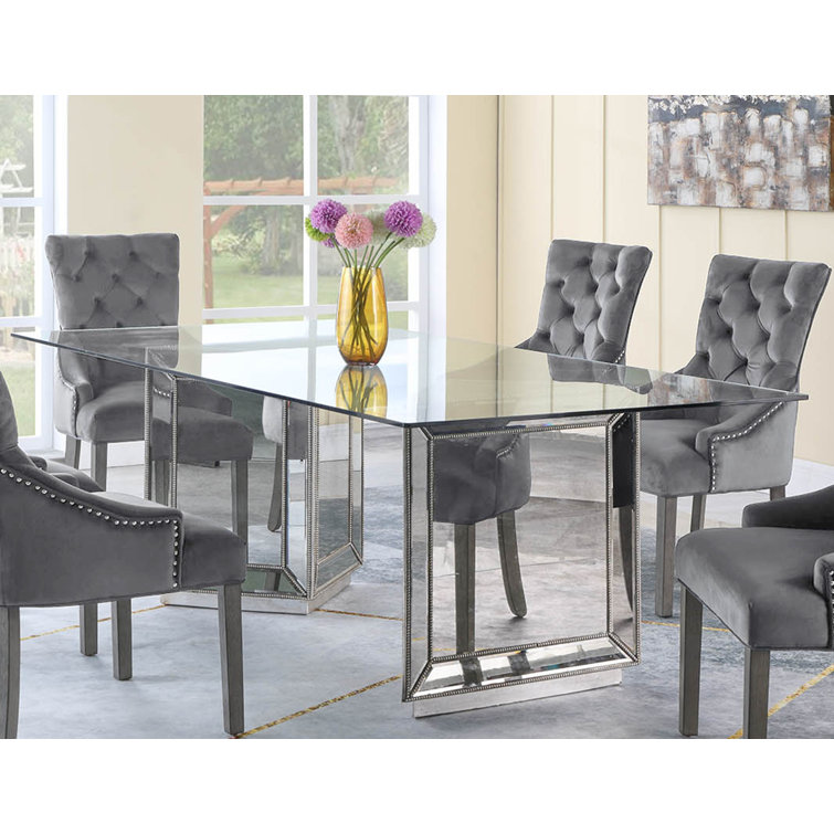 72" Glass Top Silver Mirrored Wood Dining Table