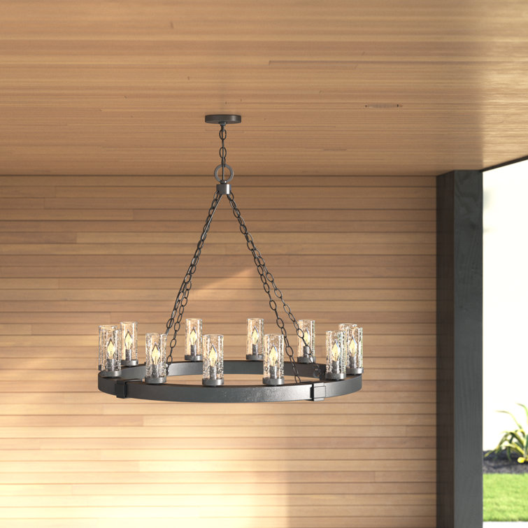 Sawyer Aged Zinc and Distressed Black 12-Light Rustic Outdoor Chandelier