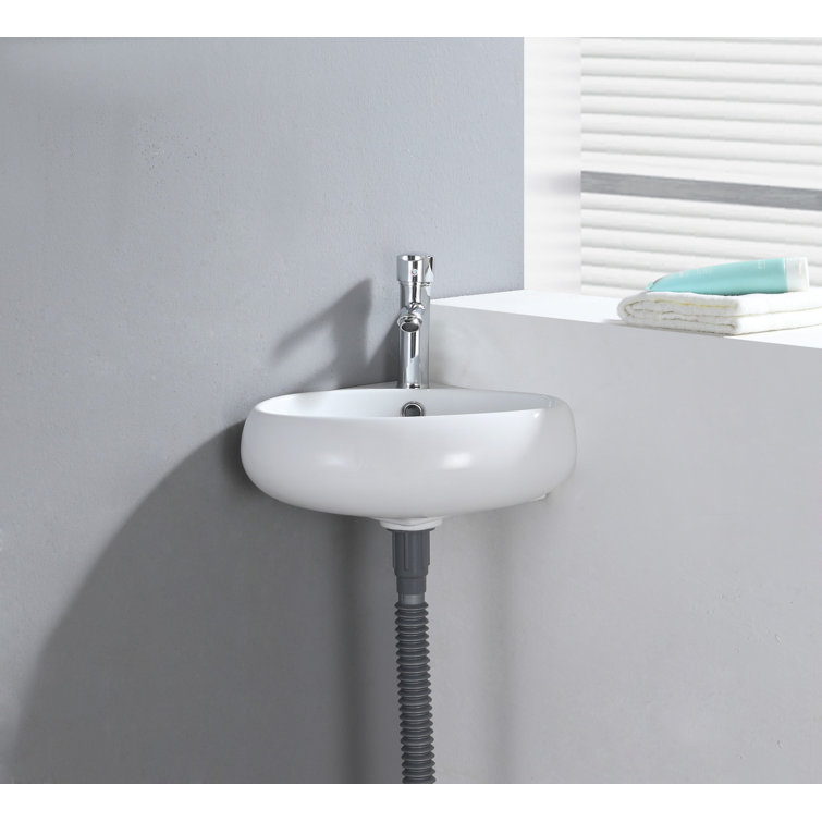 White Ceramic Corner Wall-Mount Bathroom Sink