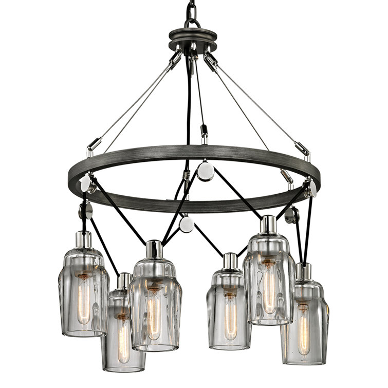 Graphite and Polished Nickel 6-Light Wagon Wheel Chandelier with Clear Glass Shades