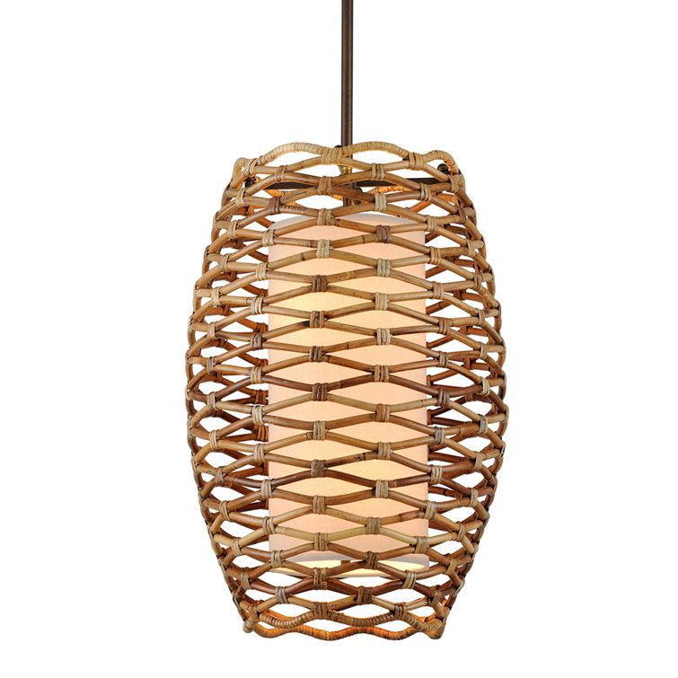 Bronze and Glass Drum Pendant Light with Rattan Shade