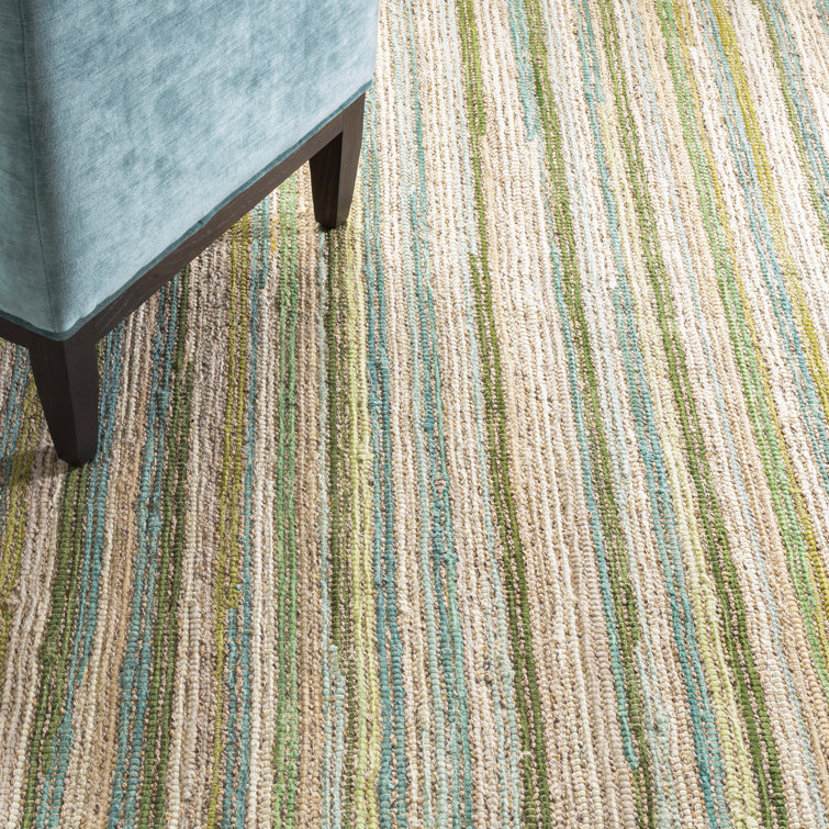 Ivory and Green Handwoven Cotton Chenille 9' x 12' Rug