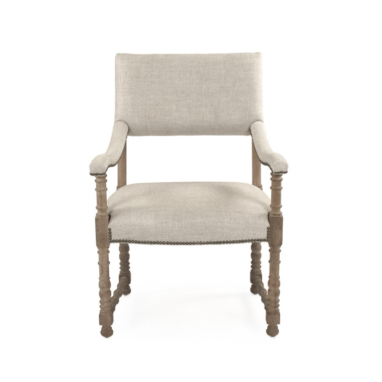 Silas Limed Grey Oak Upholstered Armchair with Brass Nailheads