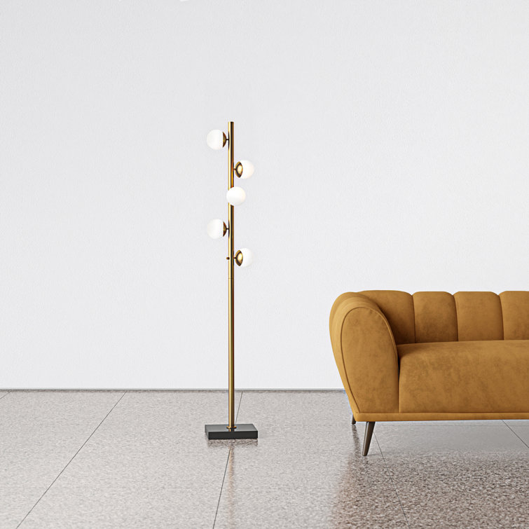 Mid-Century Antique Brass LED Tree Floor Lamp with White Opal Shades