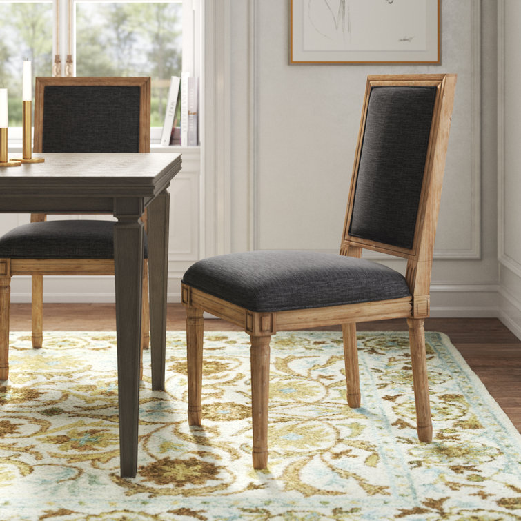 Dark Gray Linen Upholstered Dining Chair with Natural Wood Frame
