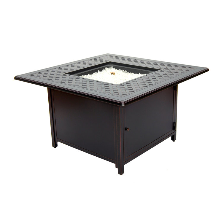 Heron 42" Square Black Gas Fire Pit Table with Clear Glass Beads