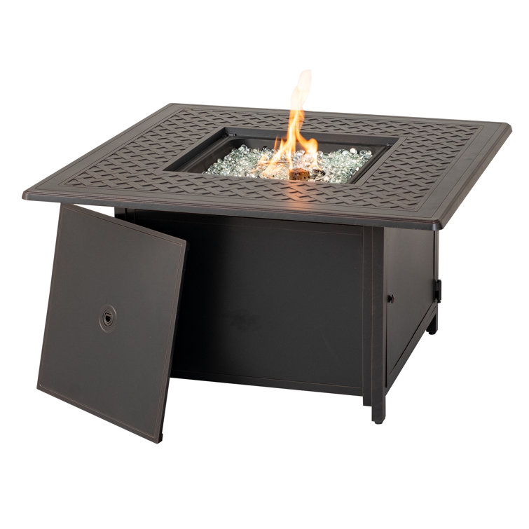 Heron 42" Square Black Gas Fire Pit Table with Clear Glass Beads