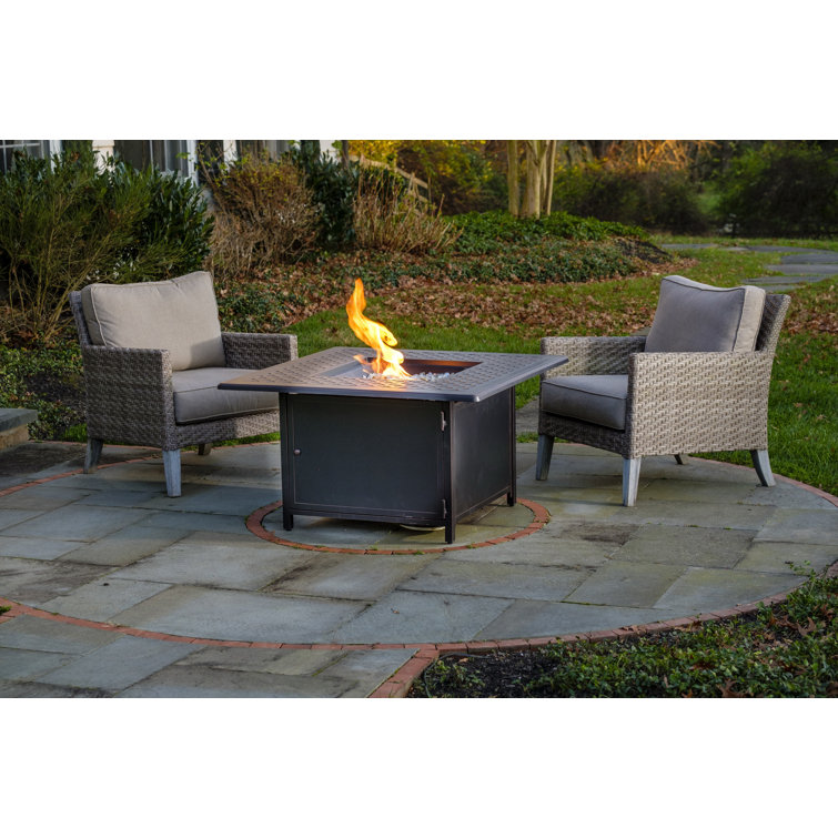 Heron 42" Square Black Gas Fire Pit Table with Clear Glass Beads