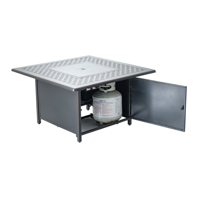 Heron 42" Square Black Gas Fire Pit Table with Clear Glass Beads