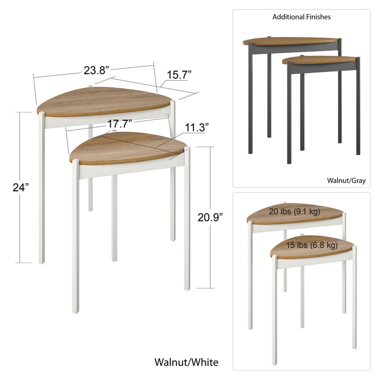 Tallulah Walnut Woodgrain & Gray Metal Triangular Nesting Tables