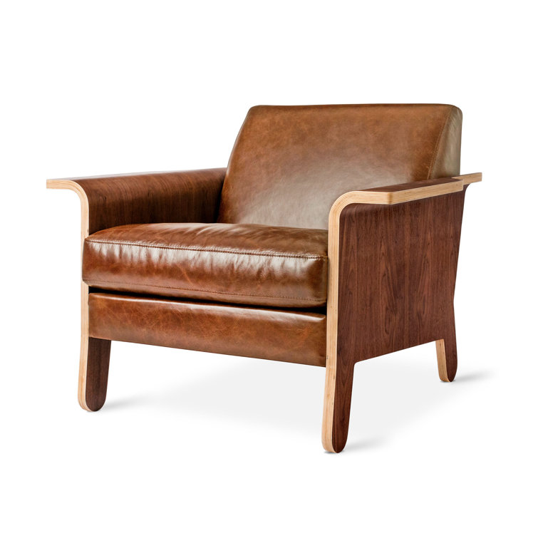 Saddle Brown Top-Grain Leather Club Chair with Walnut Frame