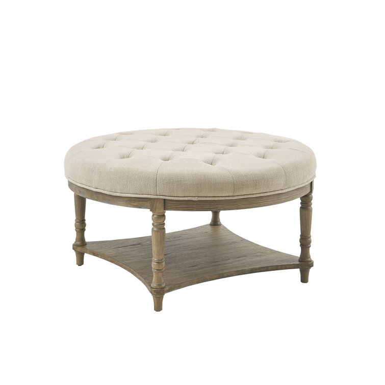 Elegant Cedric Tufted Round Ottoman with Storage in Cream