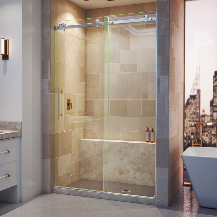 Polished Stainless Steel Frameless Sliding Shower Door with Clear Glass