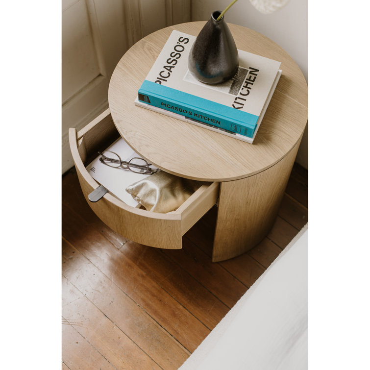 Scandinavian Solid Oak 1-Drawer Round Nightstand with Open Shelf