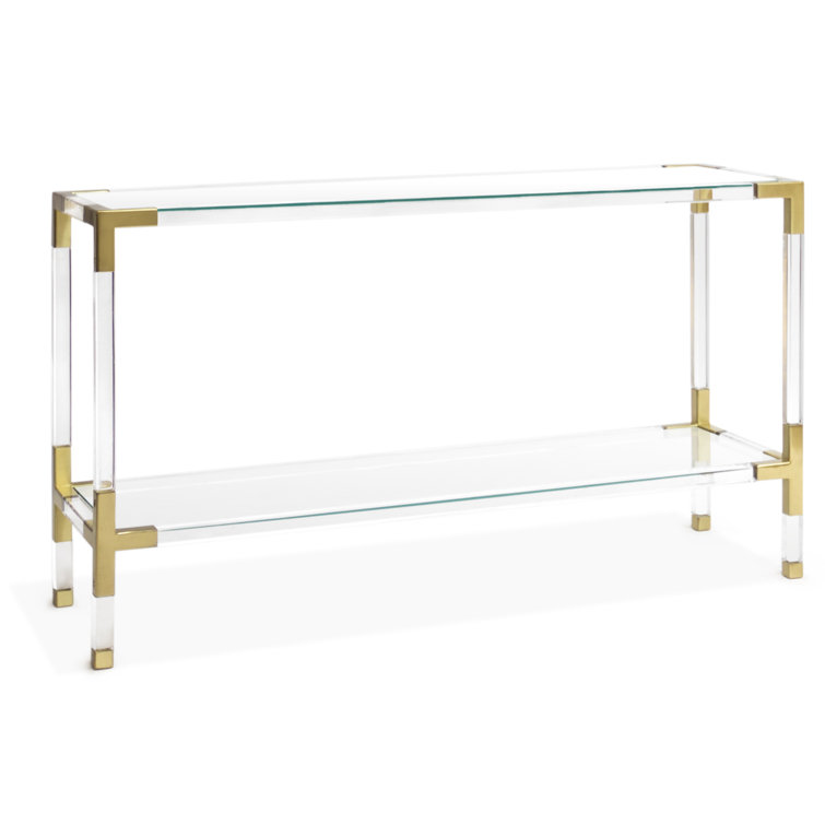 Jacques Luxe Clear Acrylic and Brass Console with Glass Shelf