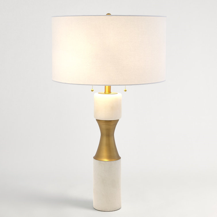 Elegant Brass and White Marble Dual-Light Table Lamp with Linen Shade