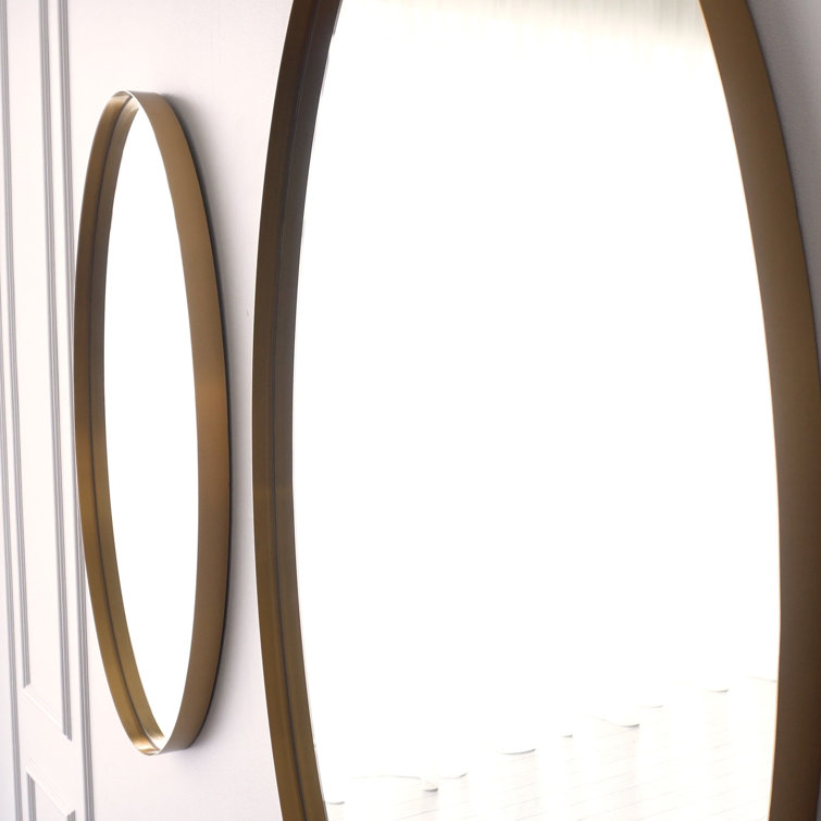 Large Brass Oval Wall Mirror with Wood Frame