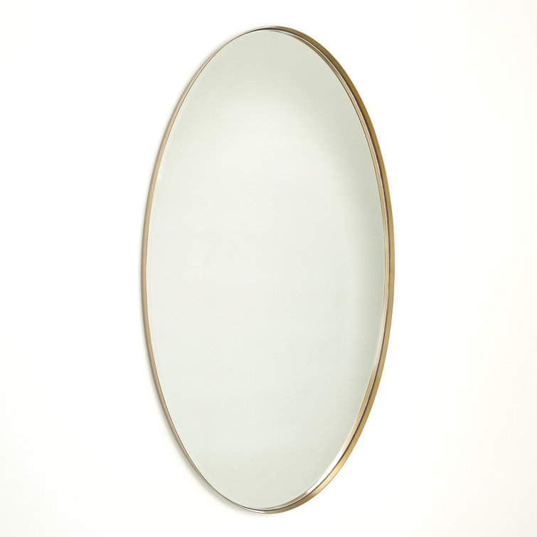 Large Brass Oval Wall Mirror with Wood Frame