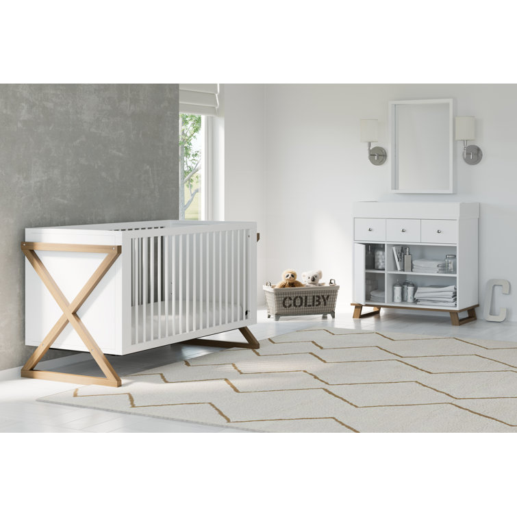 White and Driftwood 3-in-1 Convertible Baby Crib with Adjustable Mattress Support