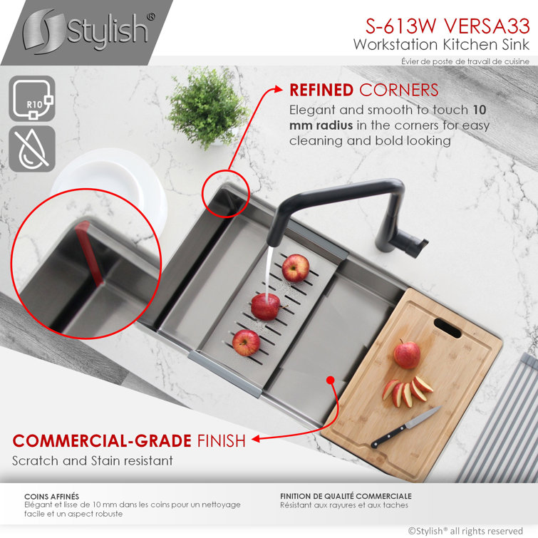 33" Brushed Stainless Steel Single Bowl Workstation Sink with Accessories