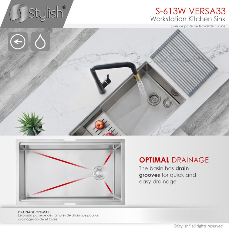 33" Brushed Stainless Steel Single Bowl Workstation Sink with Accessories