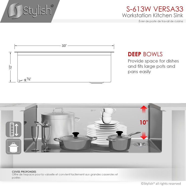 33" Brushed Stainless Steel Single Bowl Workstation Sink with Accessories