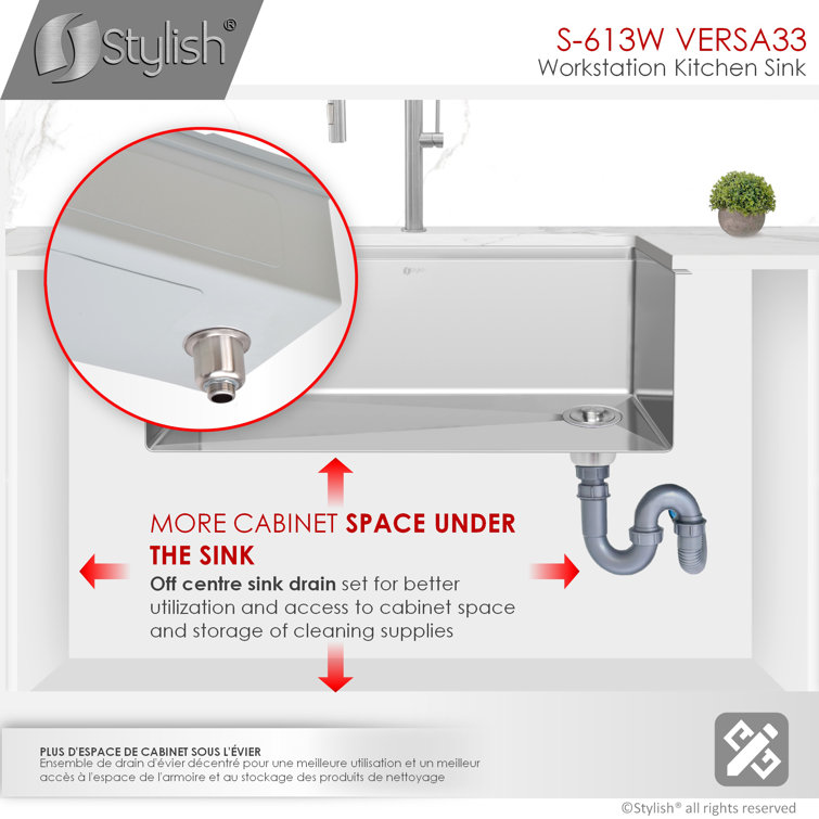 33" Brushed Stainless Steel Single Bowl Workstation Sink with Accessories