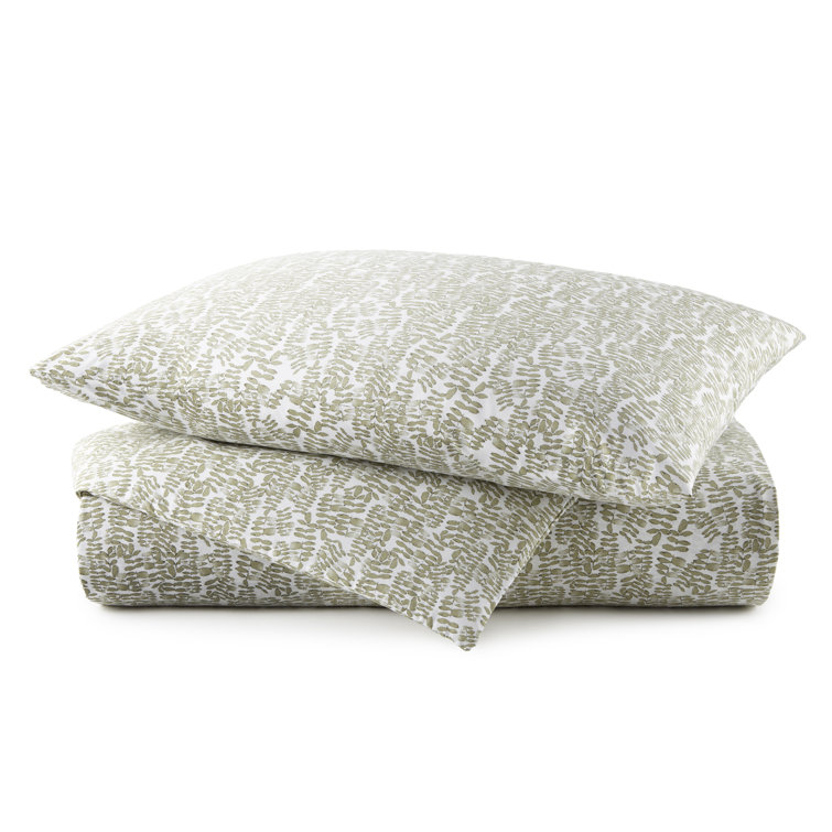 Olive and White Cotton Percale Queen Duvet Cover