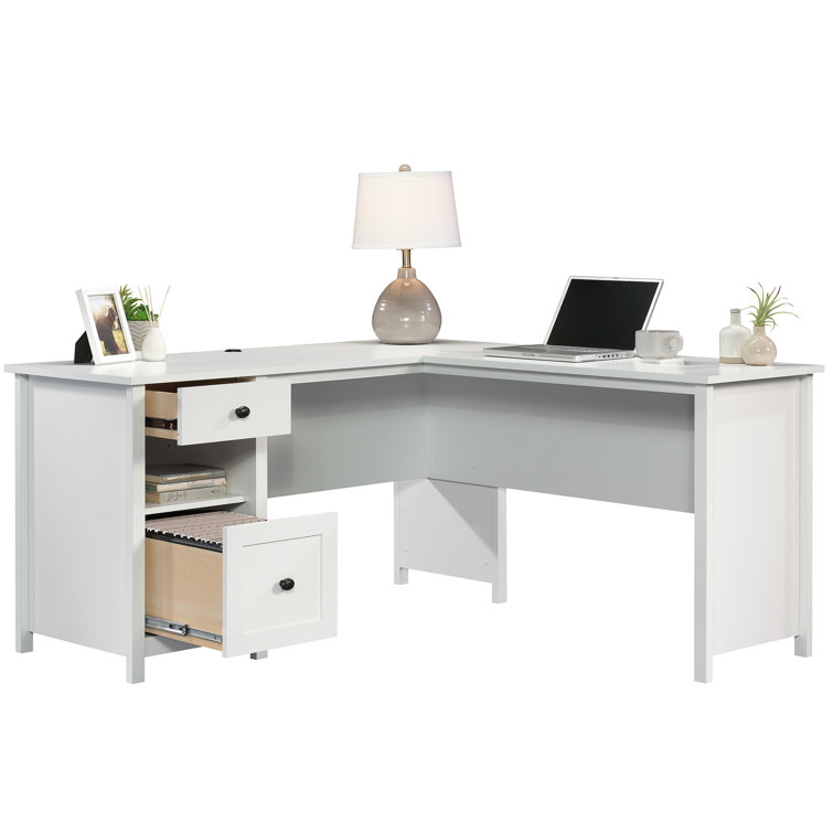 Soft White L-Shaped Executive Desk with Drawer and Filing Cabinet