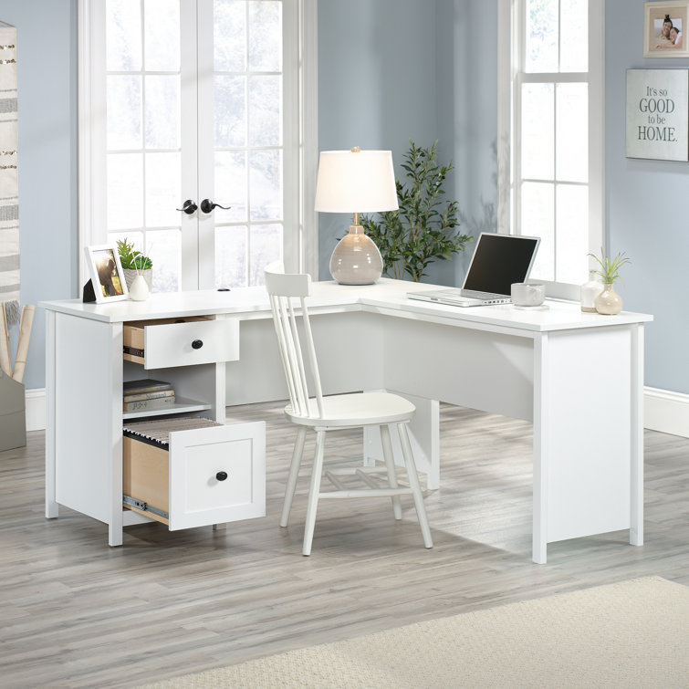 Soft White L-Shaped Executive Desk with Drawer and Filing Cabinet