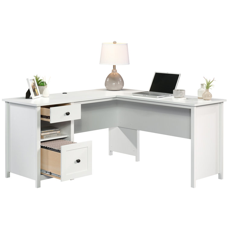 Soft White L-Shaped Executive Desk with Drawer and Filing Cabinet