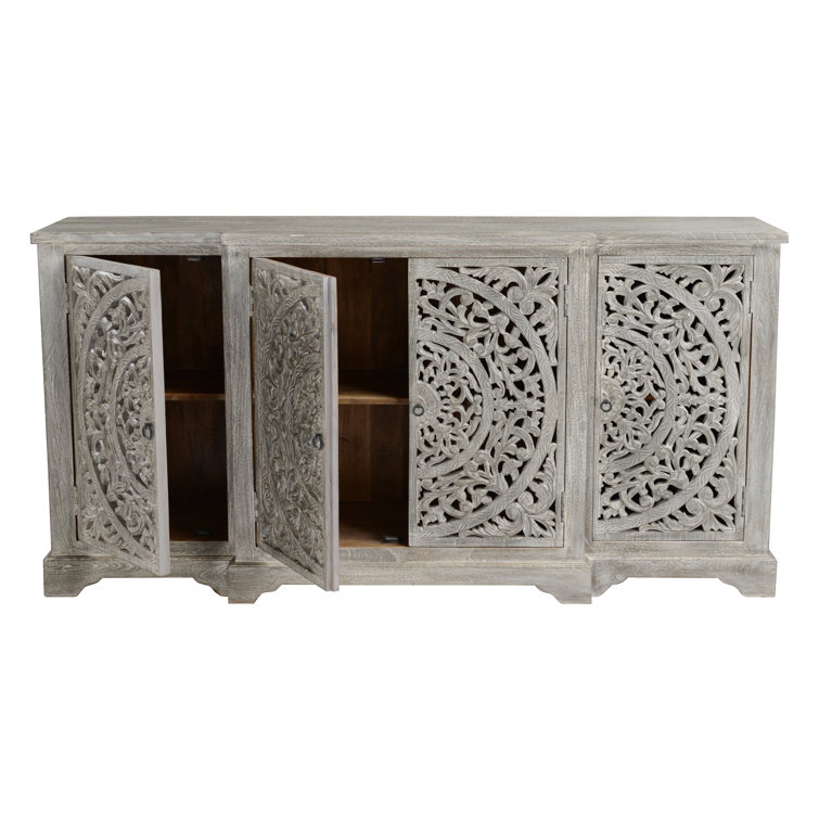 Harmony Grand Gray Mango Wood 72'' Floral Carved Sideboard