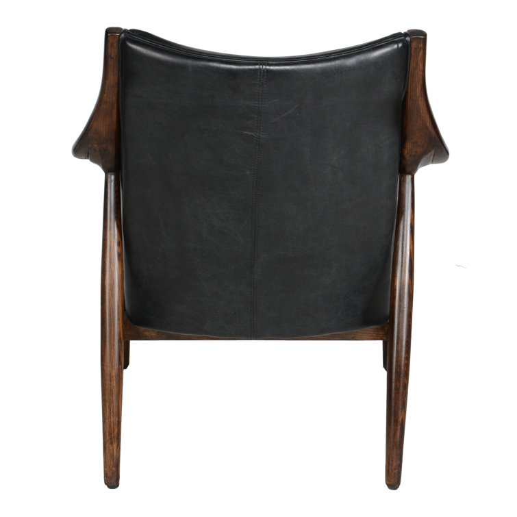 Transitional Black Genuine Leather and Wood Accent Chair