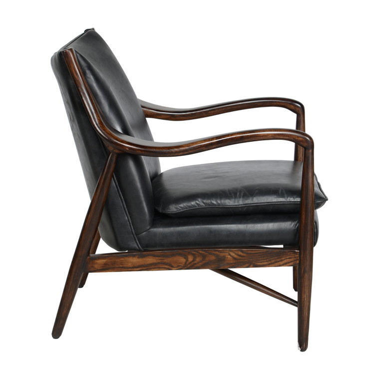 Transitional Black Genuine Leather and Wood Accent Chair