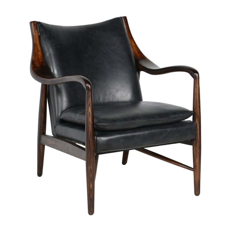 Transitional Black Genuine Leather and Wood Accent Chair