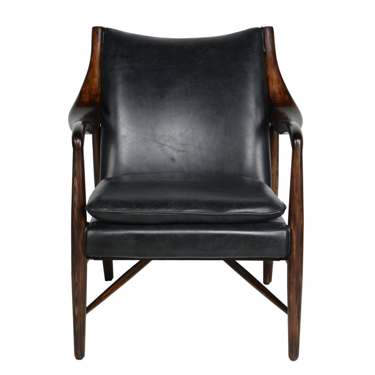 Transitional Black Genuine Leather and Wood Accent Chair