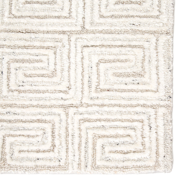 Handmade White and Gray Geometric Wool Rug 9' x 13'