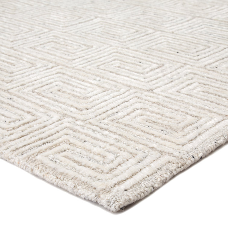 Handmade White and Gray Geometric Wool Rug 9' x 13'